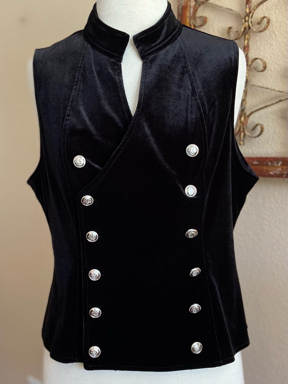 Vest - Black Velvet - Double-Breasted Military Style - Silver Buttons Collar XL